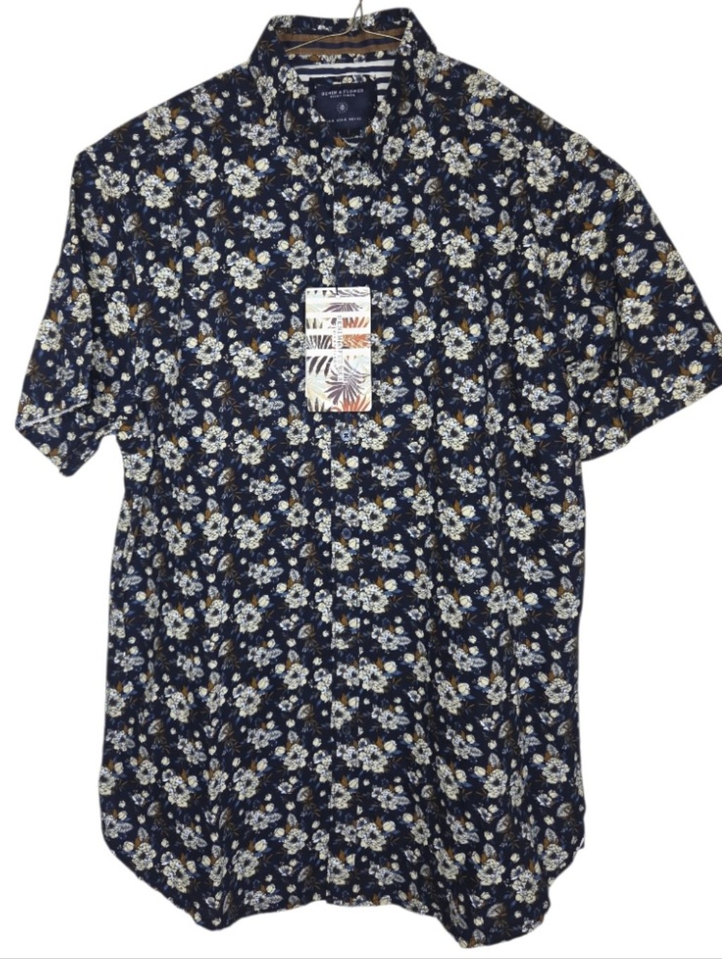 Denim & Flower Men's Navy Floral Short Sleeve Button Front Shirt Size M